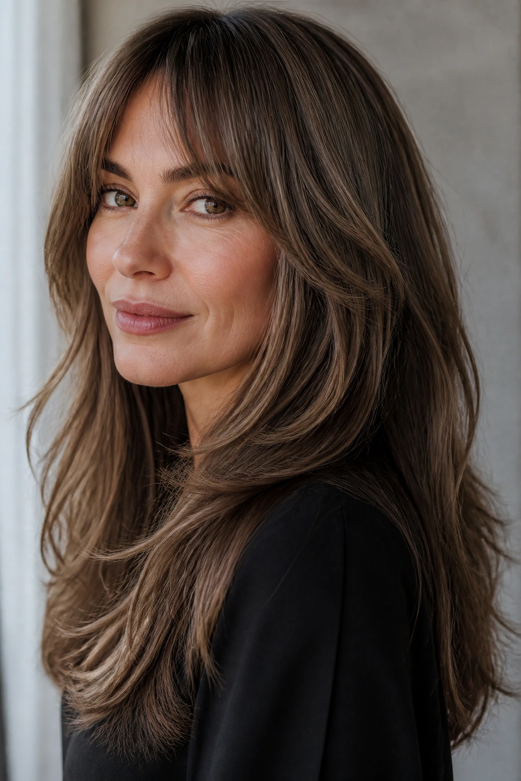 Close-up of a real woman showing mid-back layered hair in mushroom brown dimension