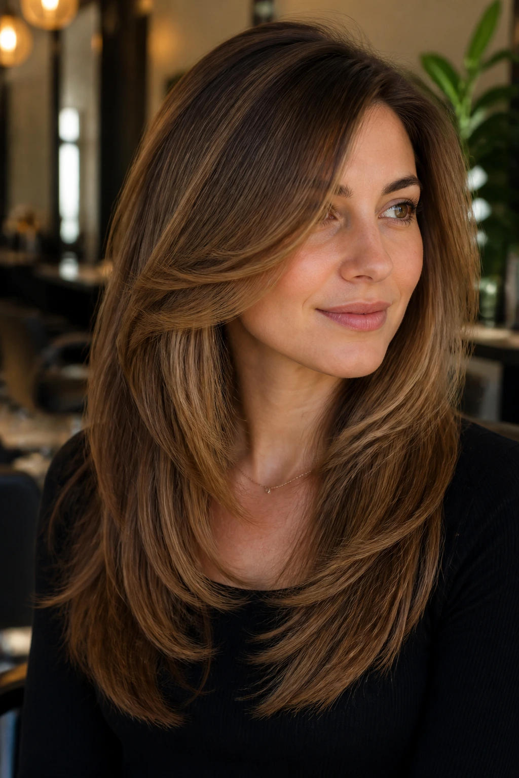 Close-up of a real woman with Mid-Back Layers Cut for a Round Brush