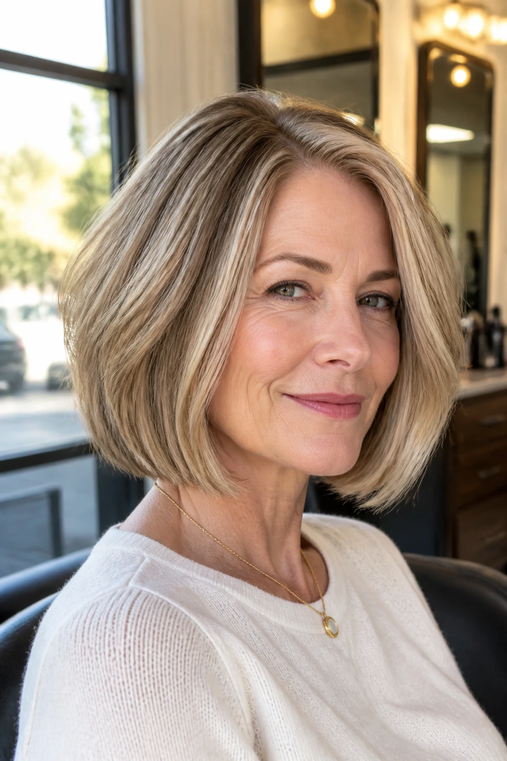 Close-up of real woman with thick hair in a jaw-length mid bob, natural light