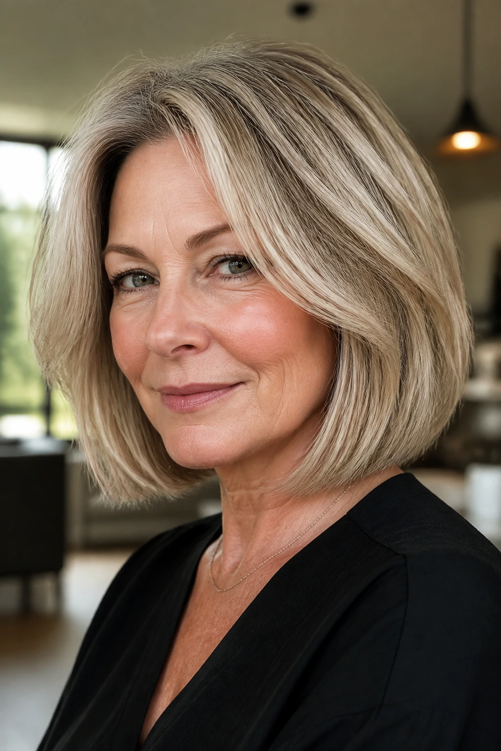 Real woman with mid-length bob highlighting thick hair structure.
