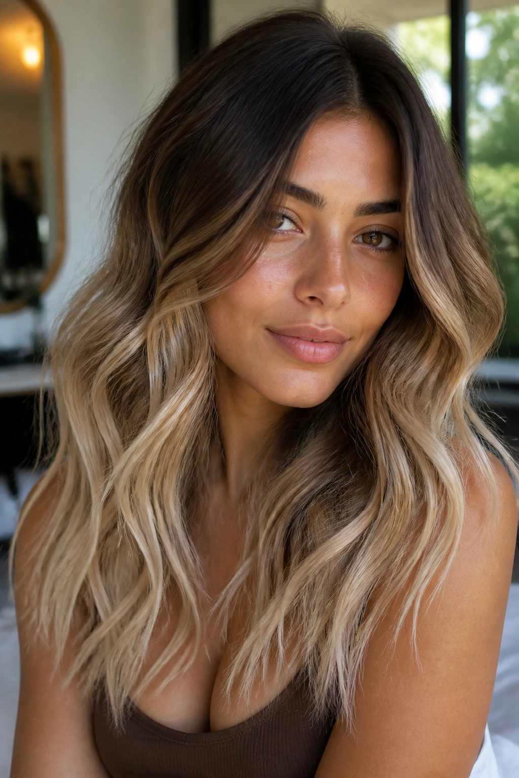 Close-up of a real woman with mid-brown roots and pale beige ombre on olive skin