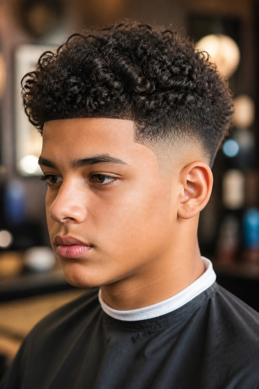 Portrait of a boy with a mid fade and curly top showcasing balanced silhouette.