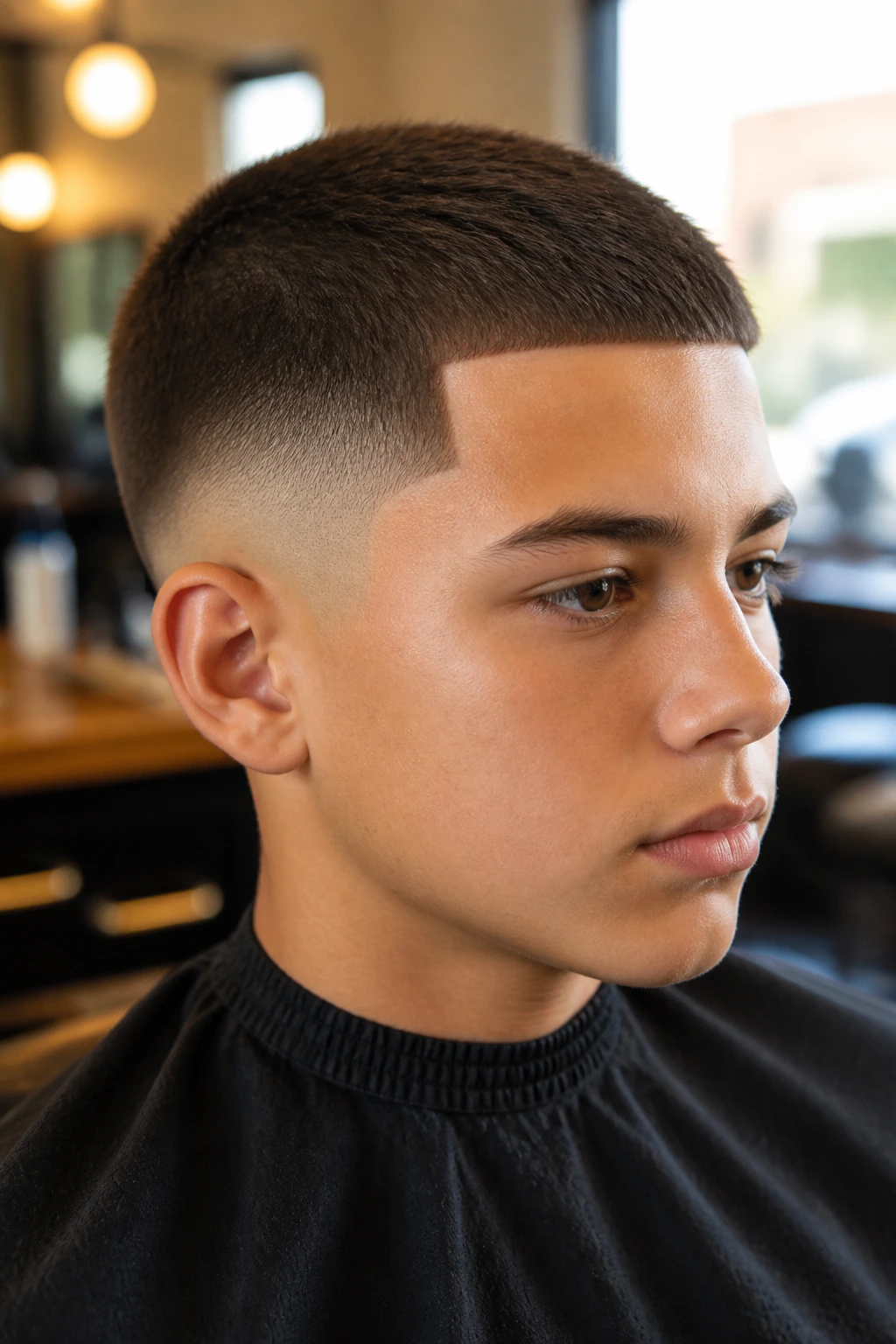 Teen boy close-up with mid fade and line-up in barbershop