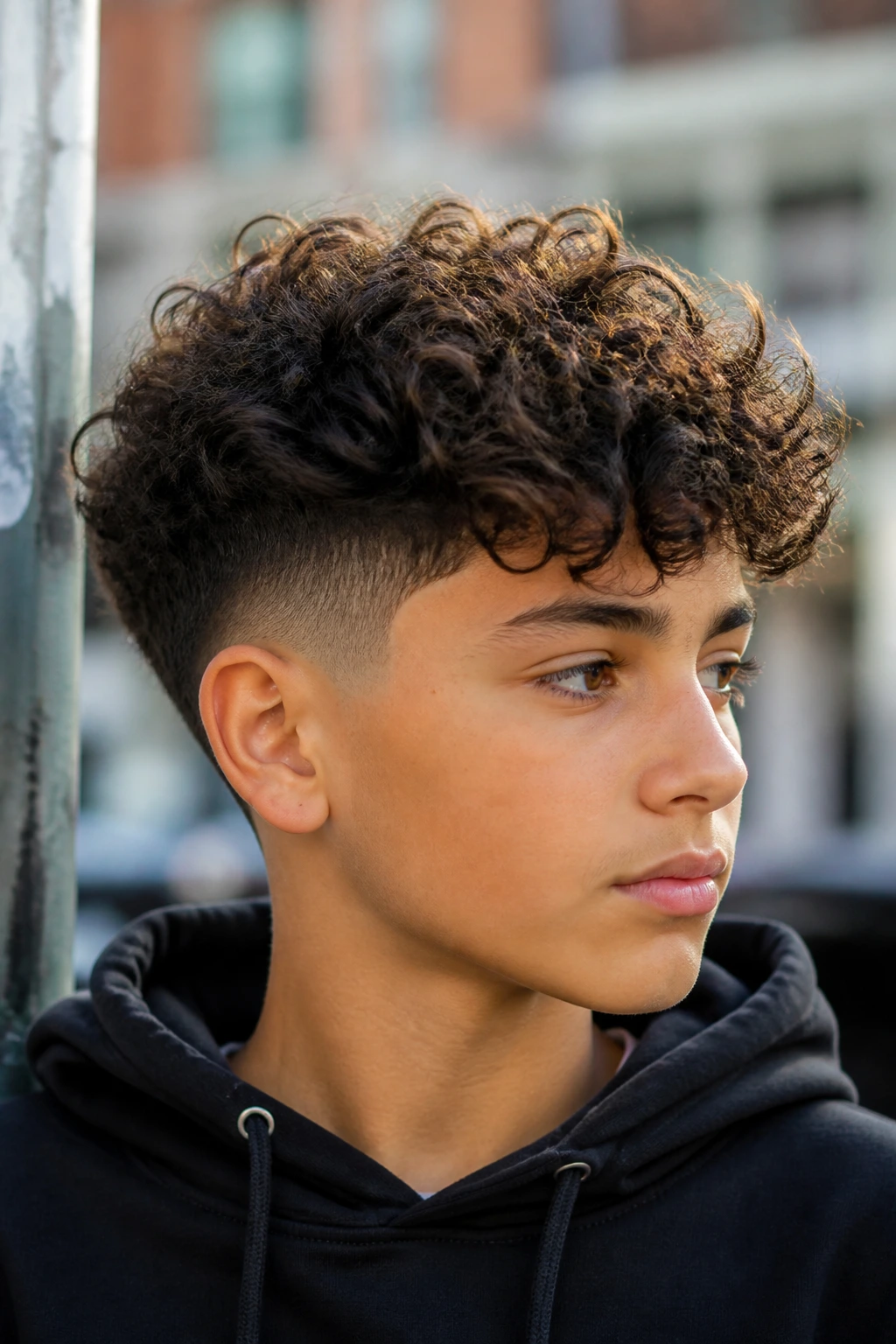 Close-up of a real boy with mid fade and loose long curls on top.