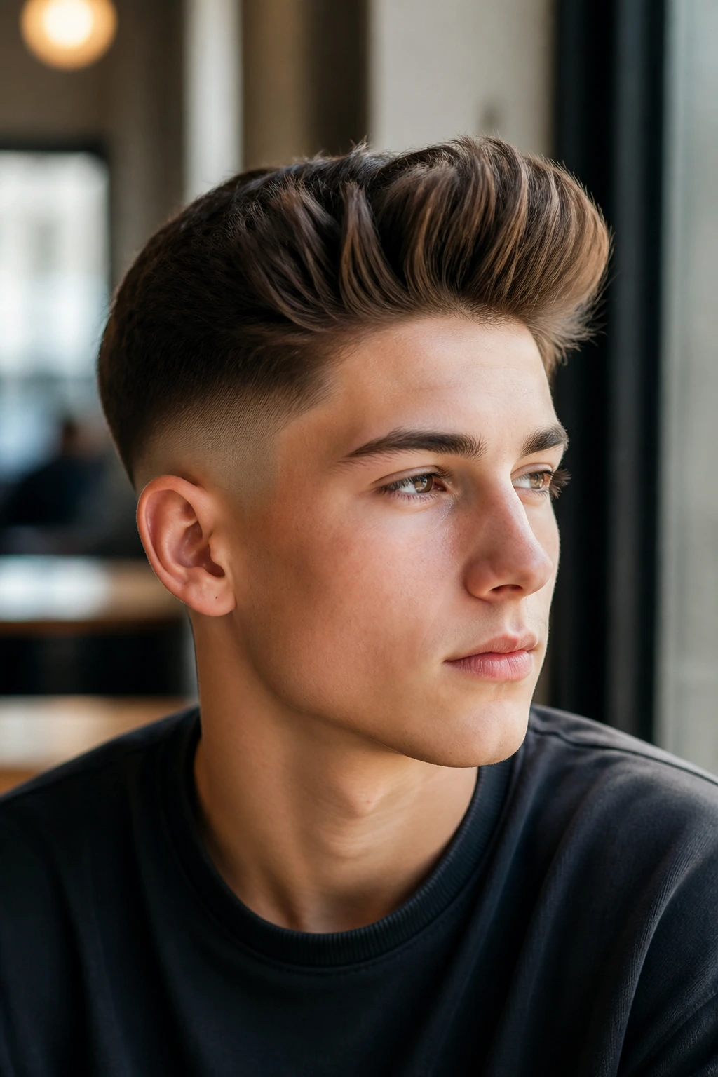 Boy with mid fade quiff in a cafe or classroom setting portrait