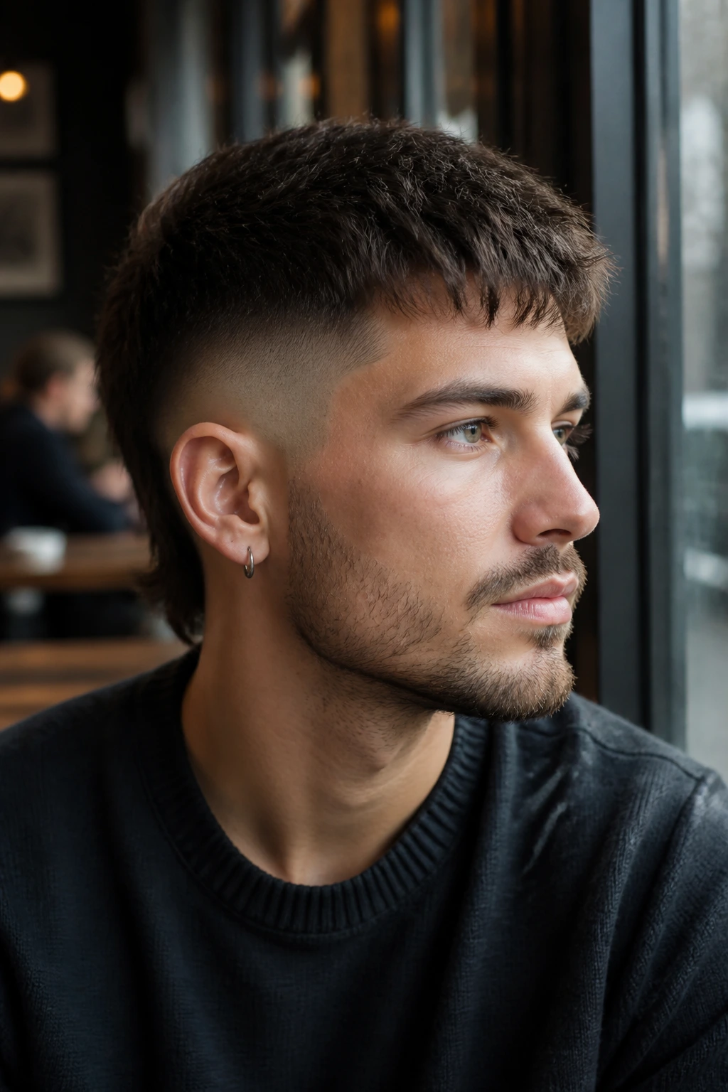 Close-up of a man with a mid fade and textured crop front, uneven fringe 1.5–2 inches