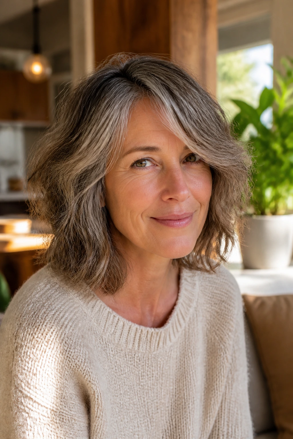 Portrait of a real woman with mid-length air-dry shag hairstyle
