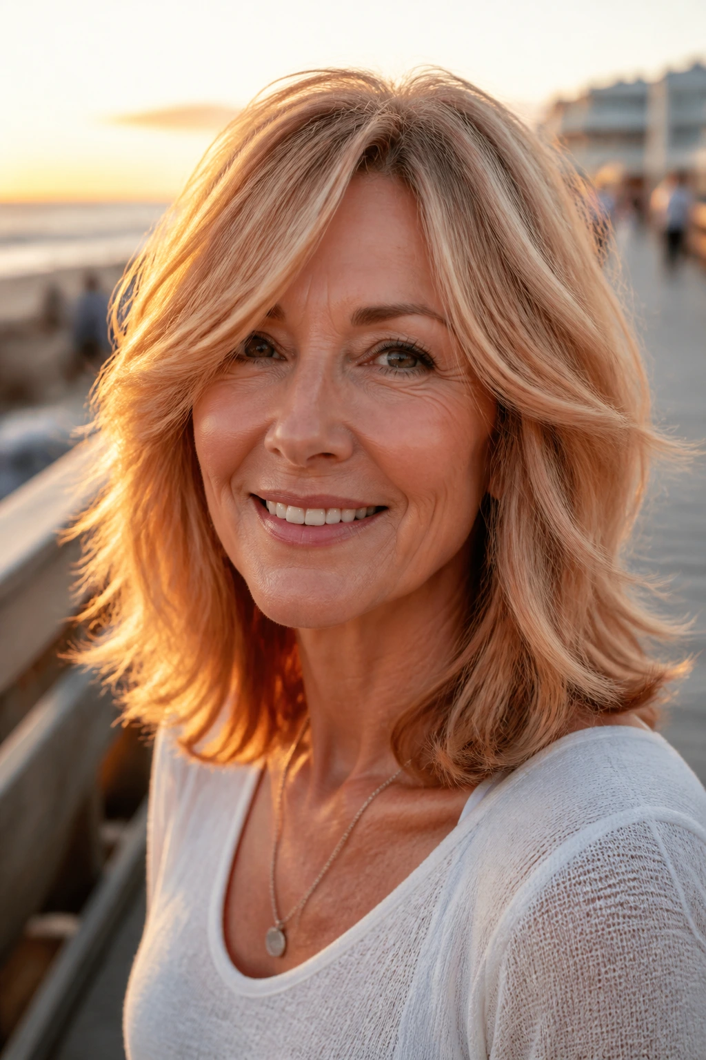 Portrait of a real woman with an airy mid-length cut and apricot lifts.