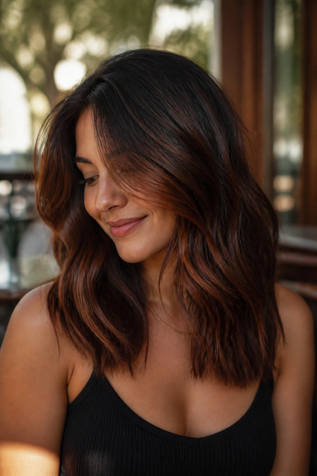 Close-up of real person with mid-length auburn balayage on thick hair