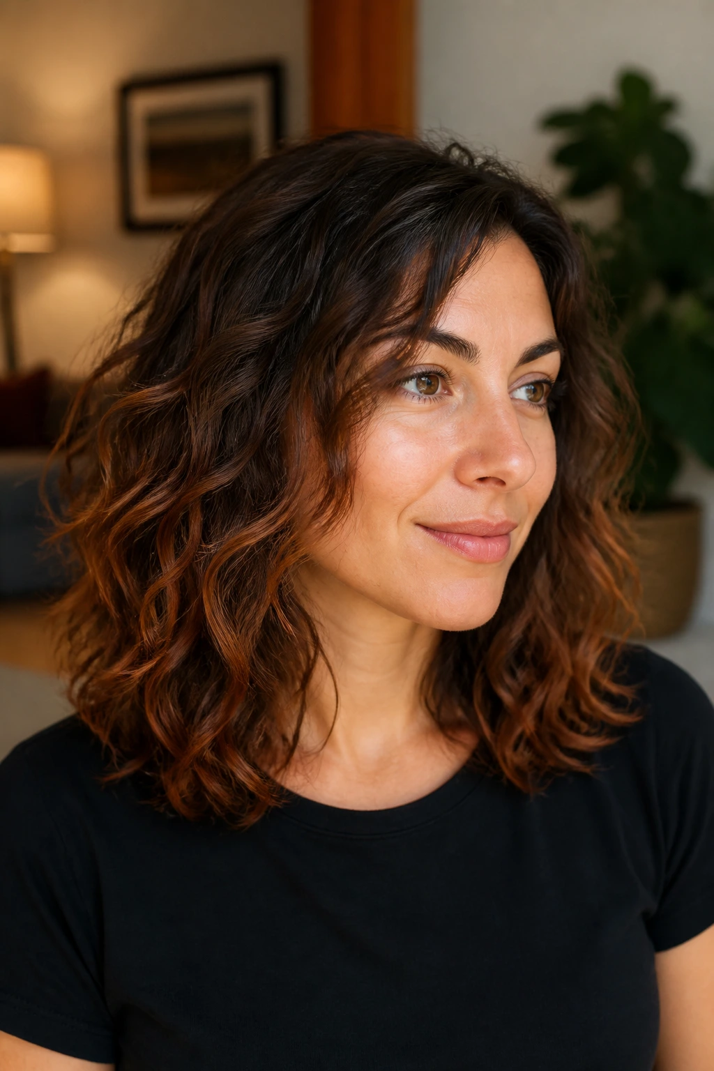Portrait of a woman with mid-length wavy hair featuring auburn lowlights and warm lighting
