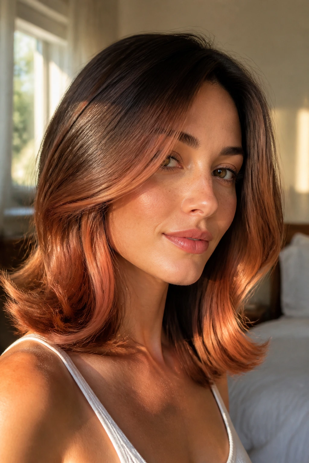 Close-up portrait of a real woman with a mid-length C-cut and sunlit strawberry balayage framing the face