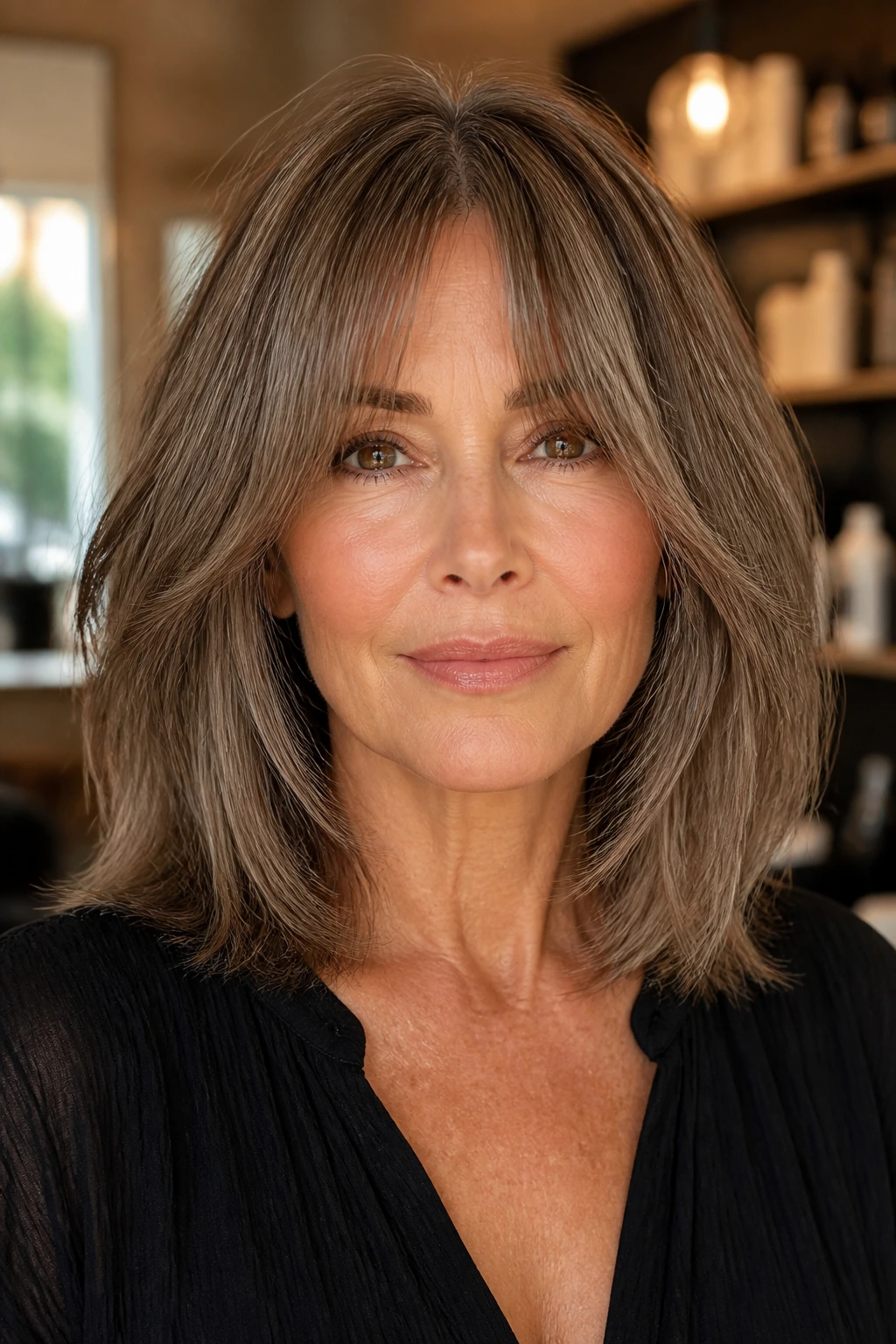 Portrait of a woman with a mid-length cut and bottleneck bangs under soft light
