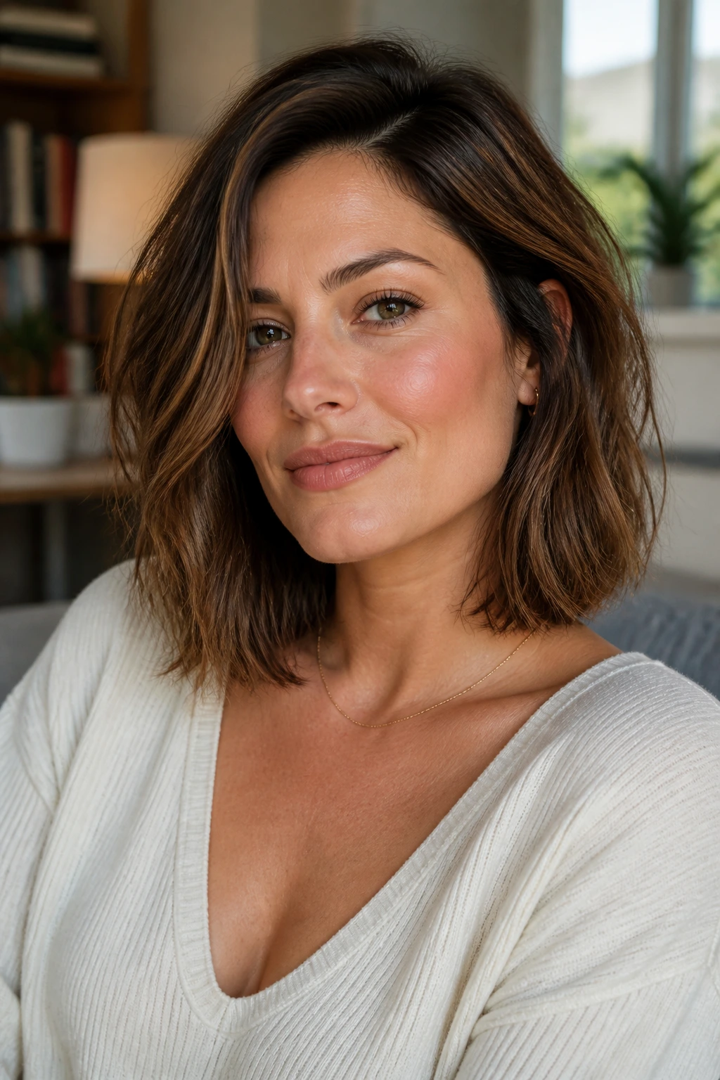 Close-up portrait of a real woman with a mid-length collarbone bob on a square face, warm window light