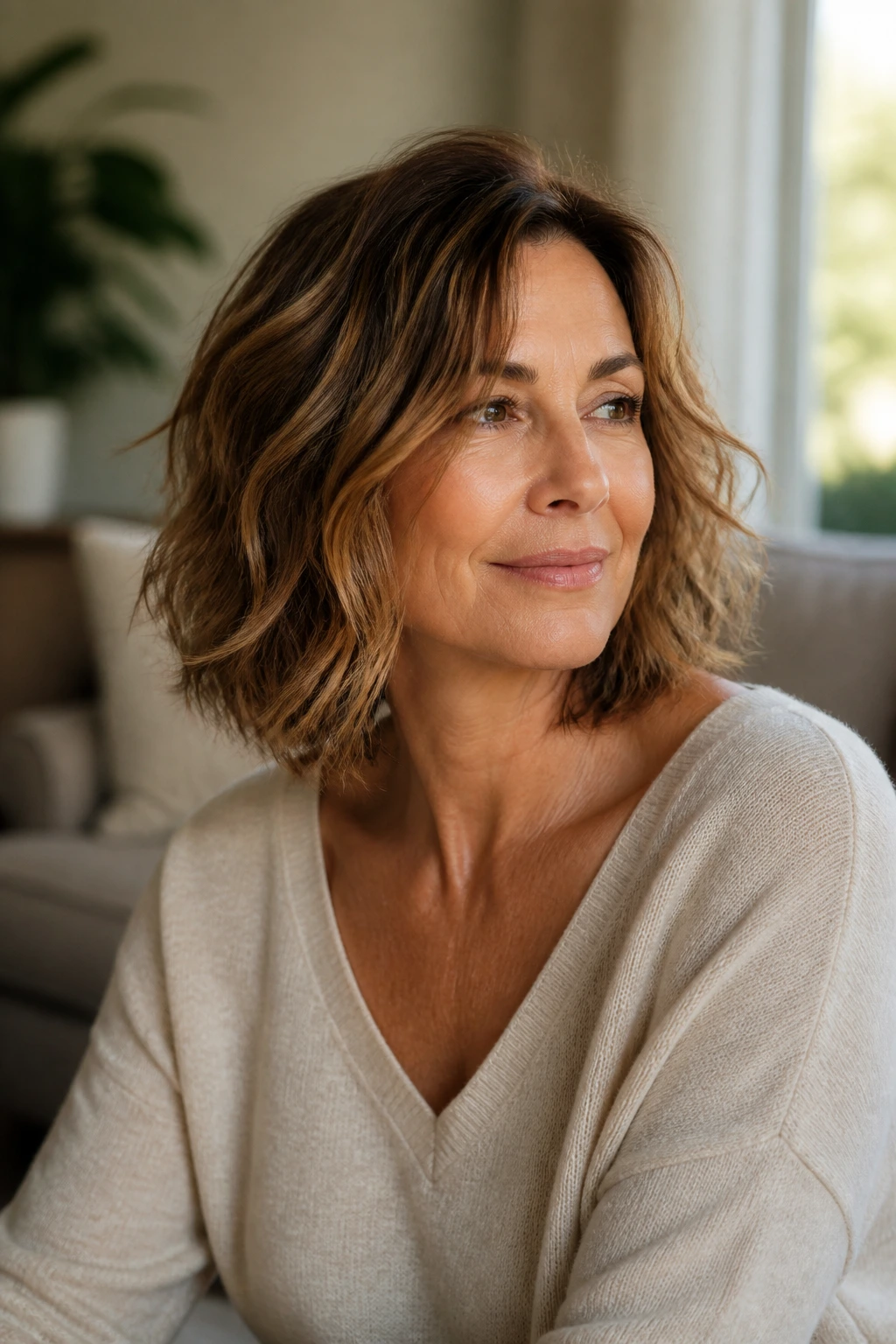 Real woman with a mid-length bob and undone ends in warm natural light