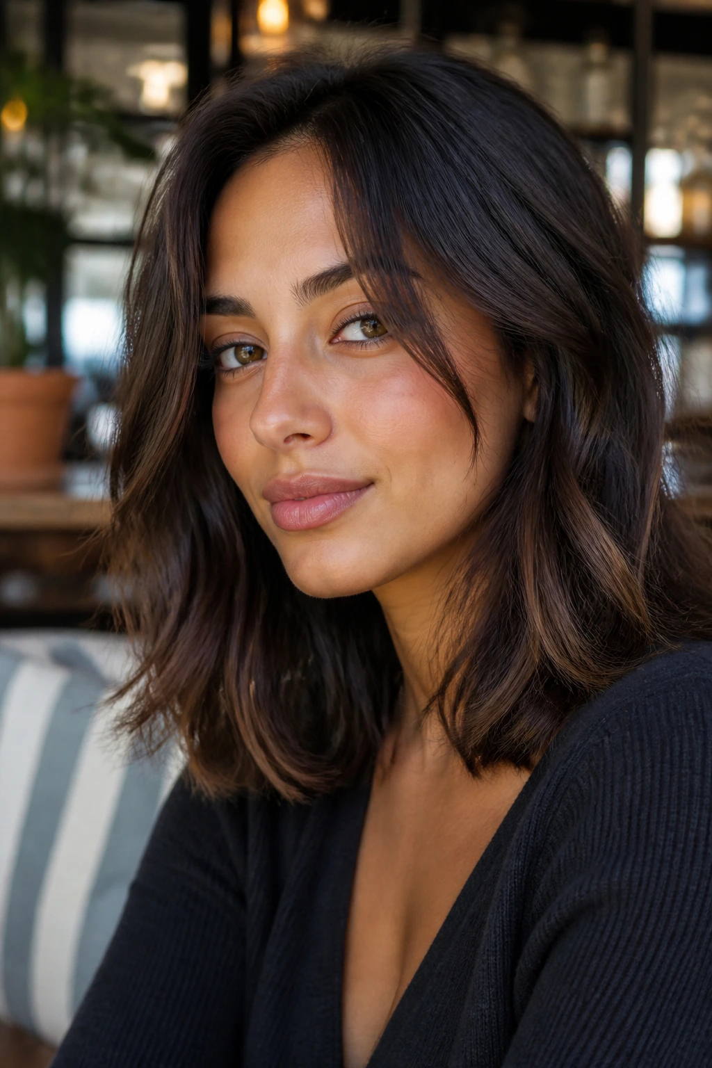 Close-up of a real woman with mid-length brunette hair and olive skin