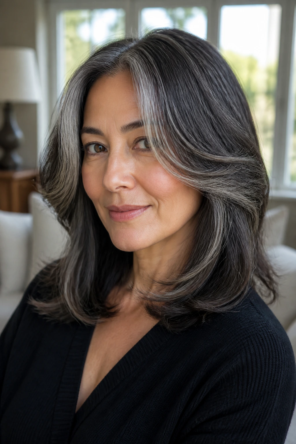 Close-up of a real woman with mid-length hair and C-shaped layers framing the face