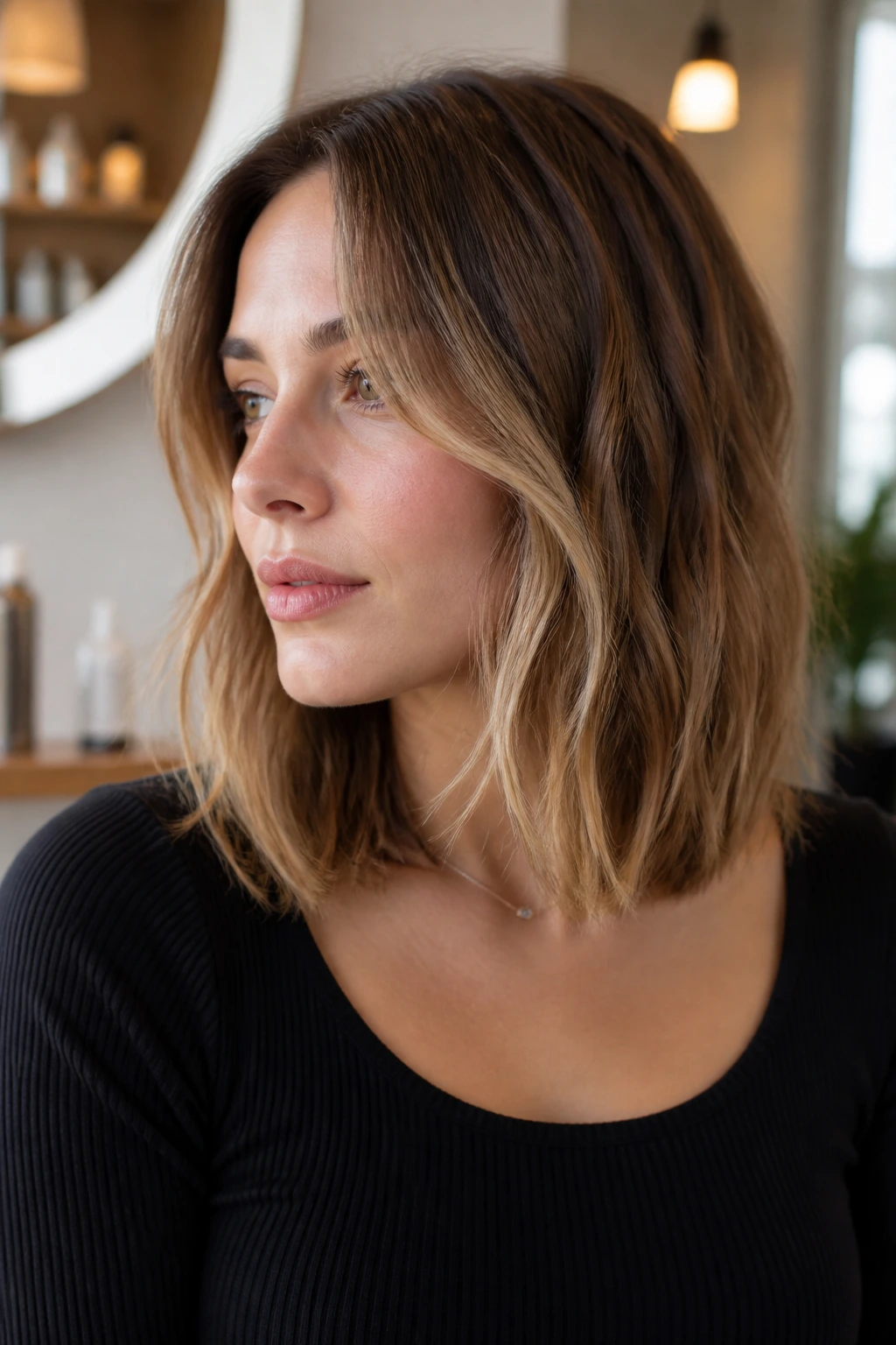 Close-up portrait of a real woman with collarbone-length clavicut showing internal weight removal and movement in thick wavy hair.