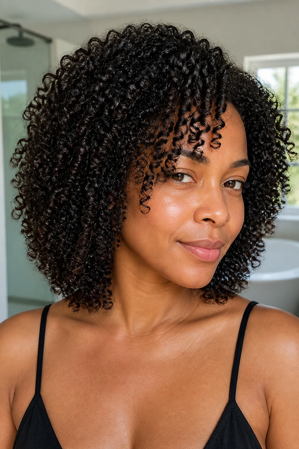 Close-up of a real woman with mid-length curls in a wash-and-go style