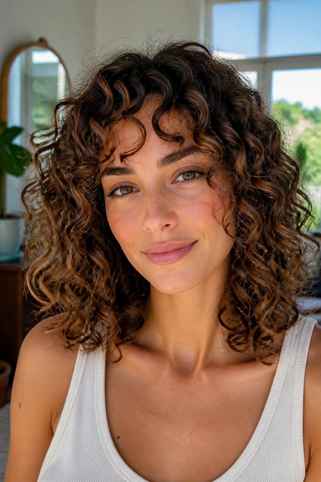 Close-up portrait of a real woman with a mid-length curly cut and smooth perimeter.