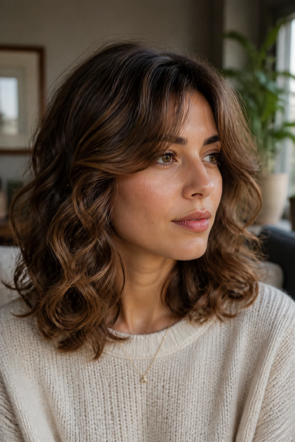 Close-up of a real woman with mid-length hair and curtain bangs