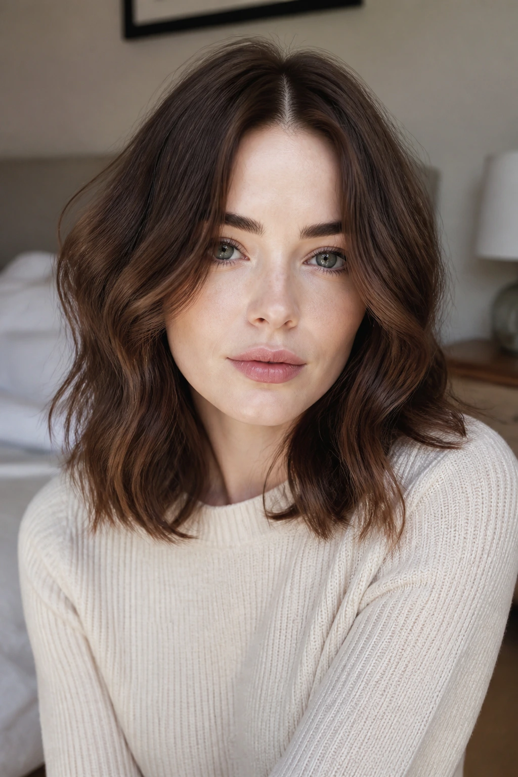 Portrait of a woman with center-parted mid-length cut and airy volume.