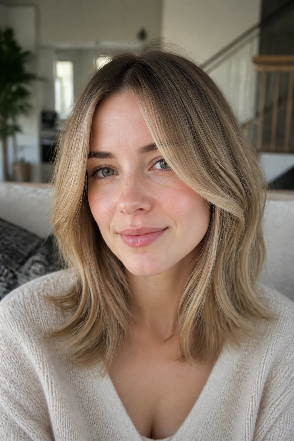 Portrait of a woman with mid-length cut and cheekbone face-framing layers.