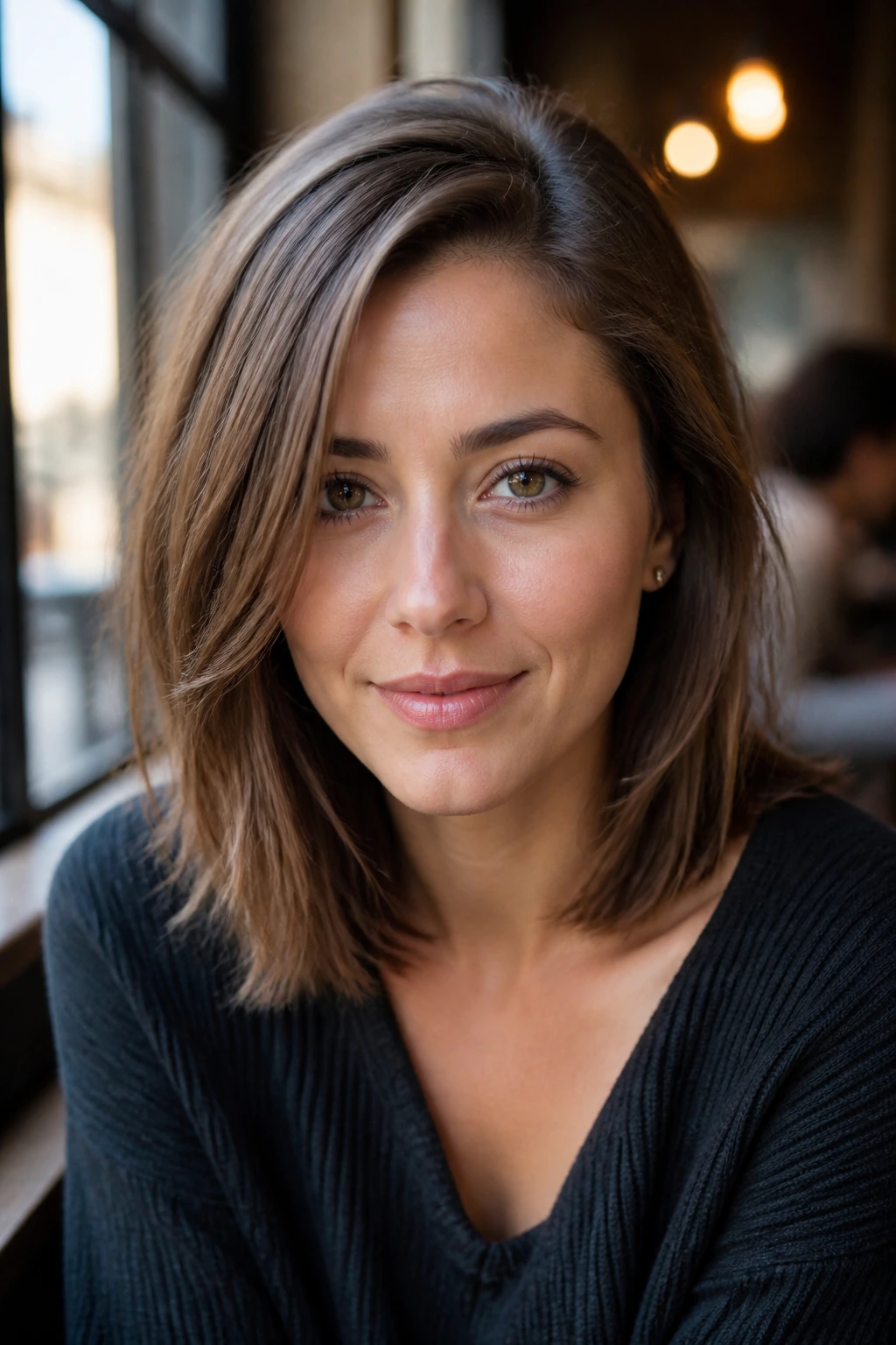 Real woman with mid-length cut and off-center part in a cafe-like setting.