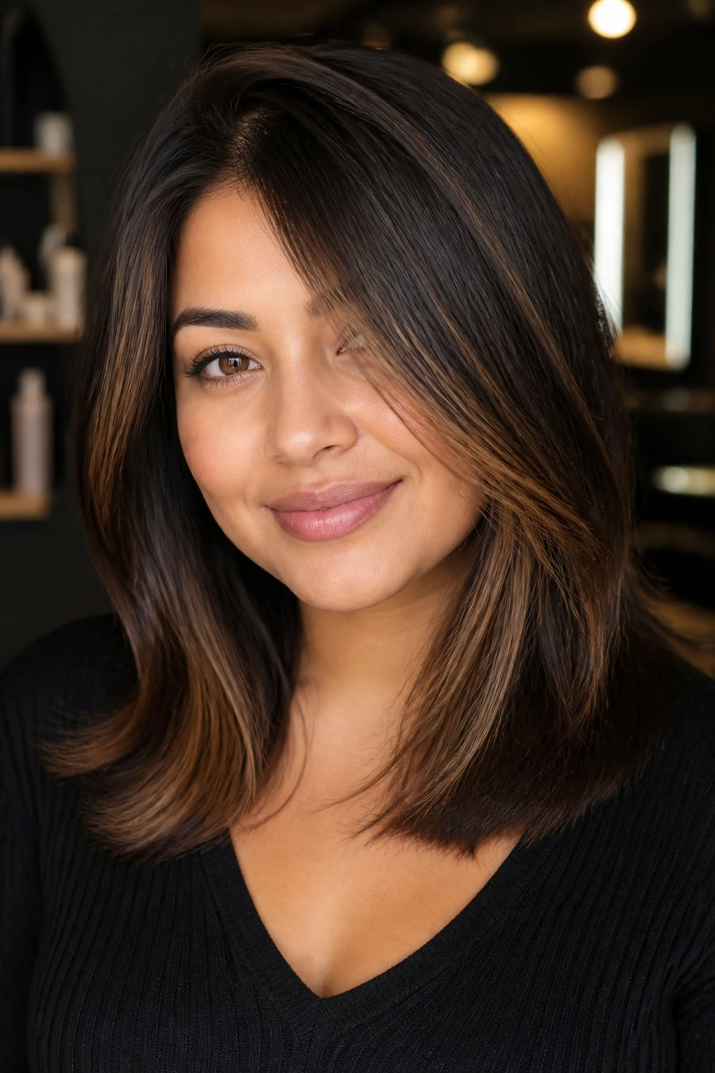 Close-up of a real woman with a mid-length cut and diagonal camel light