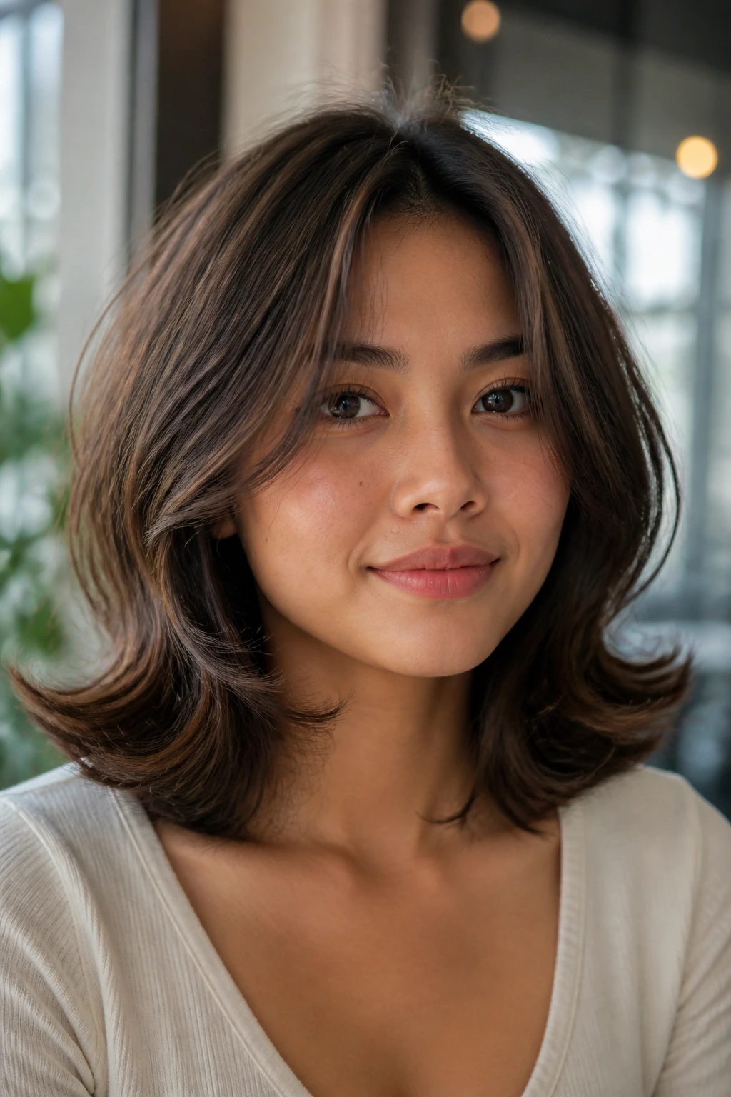 Real person with bouncy mid-length hairstyle and flipped ends in soft light