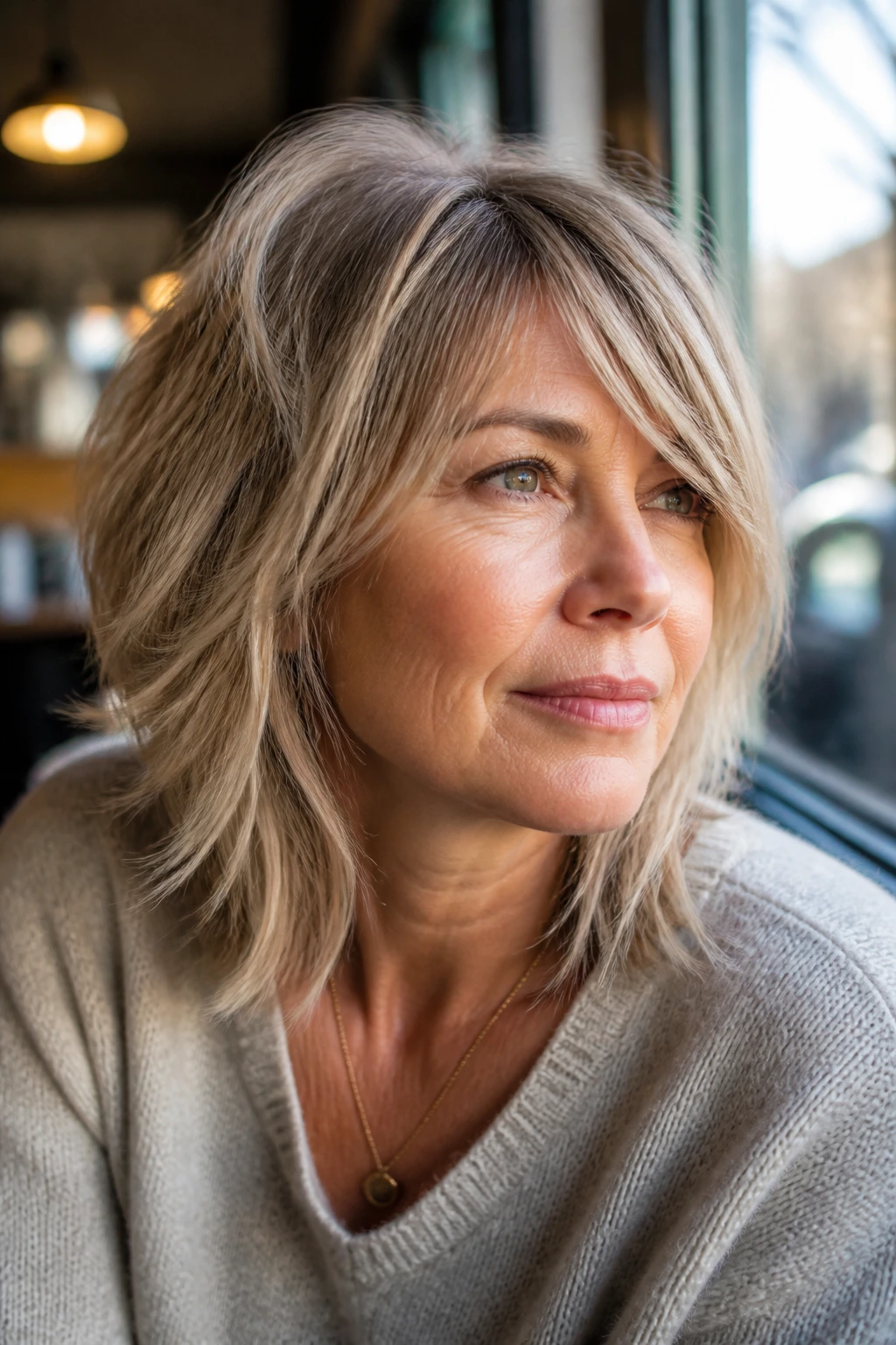 Close-up portrait of a real woman with choppy mid-length hair and side fringe in natural light