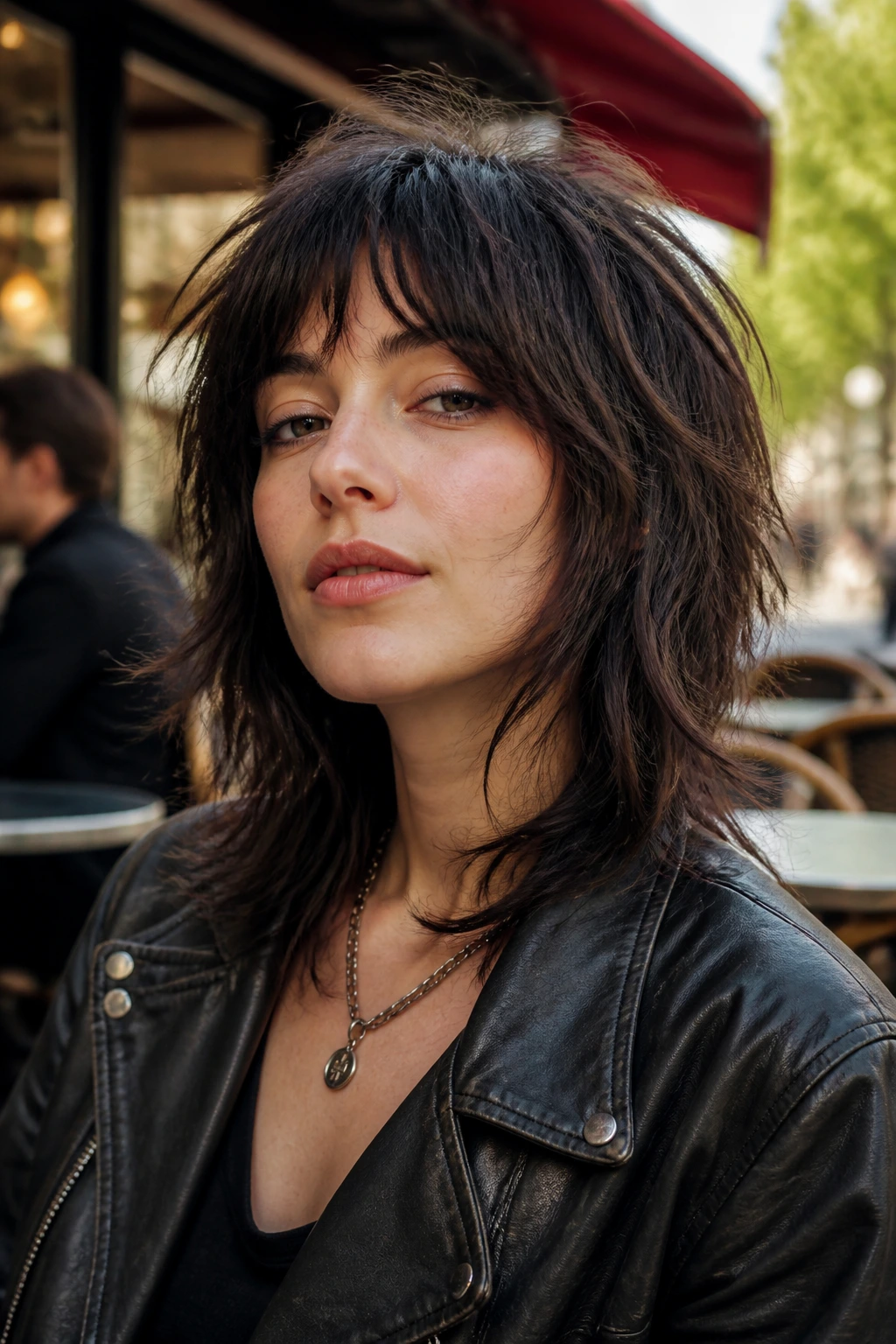 Close-up of a real person with a mid-length grunge shag hairstyle.