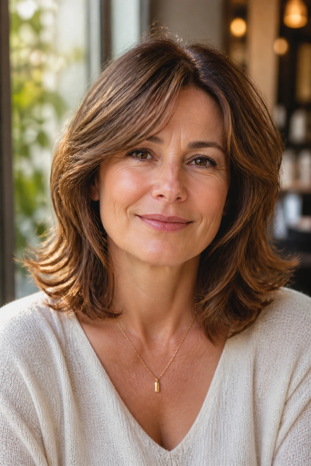Close-up portrait of a real woman with Mid-Length Cut and gentle flip.