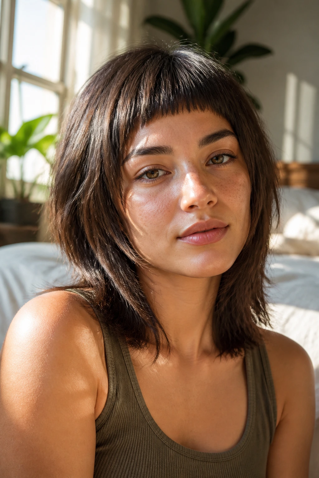 Close-up of a real woman with a mid-length cut and micro fringe in natural window light.