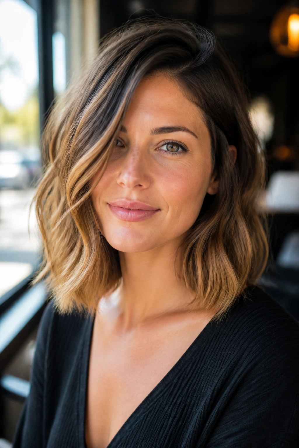 Close-up portrait of a woman with a mid-length soft lob hairstyle