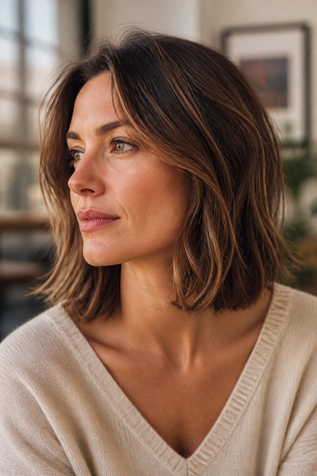 Close-up portrait of a person with mid-length hair softening square face features.