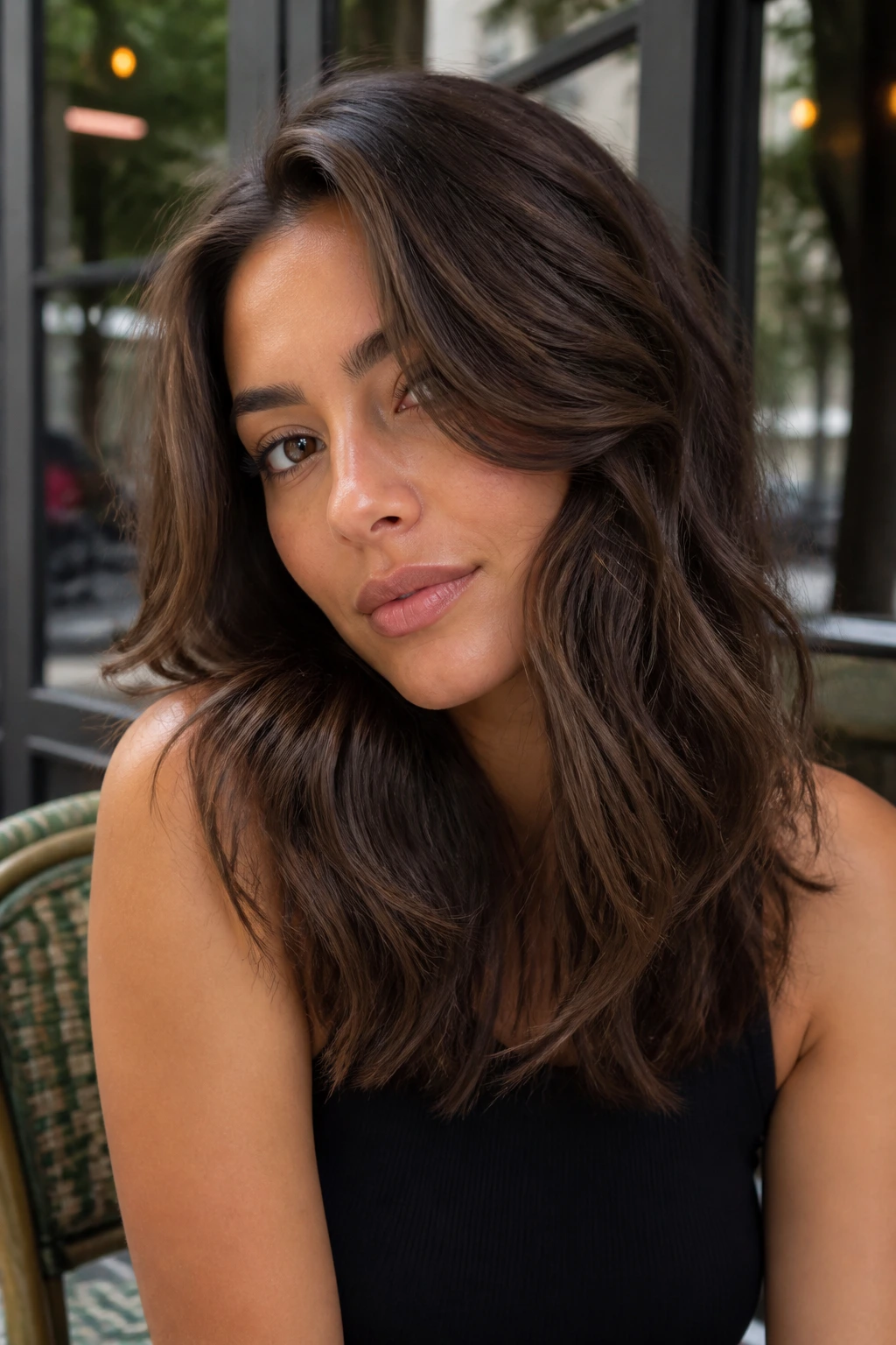 Close-up of a real woman with mid-length hair and hidden layers in brunette