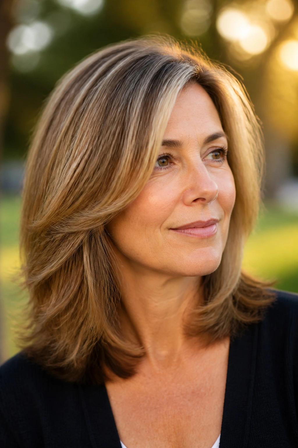 Close-up of a real woman with mid-length cut and invisible layers in golden hour light
