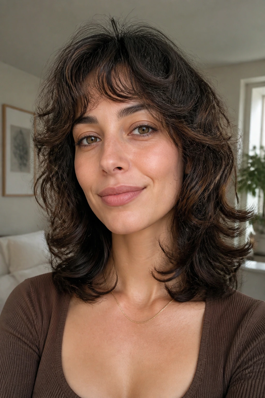 Portrait of woman with mid-length layered cut and flip-out ends.