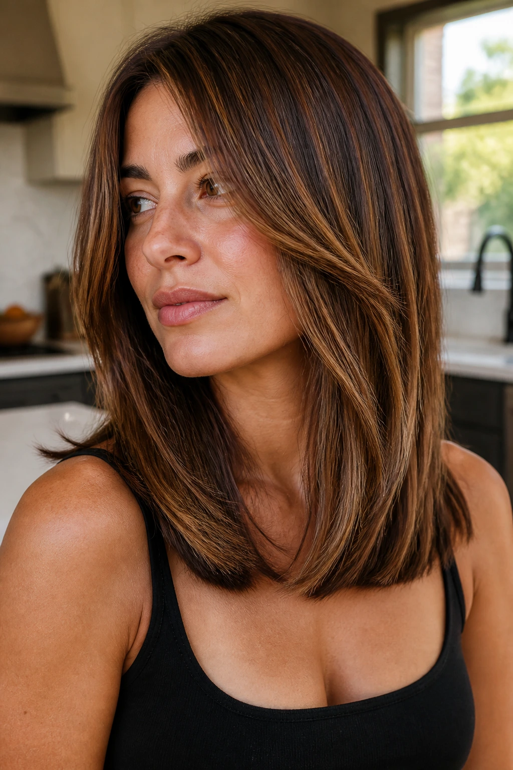 Portrait of real woman with mid-length layers and blunt perimeter with caramel highlights
