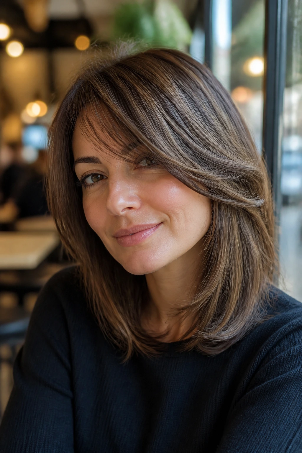 Close-up portrait of a real person with mid-length layered hair bending at the cheekbone