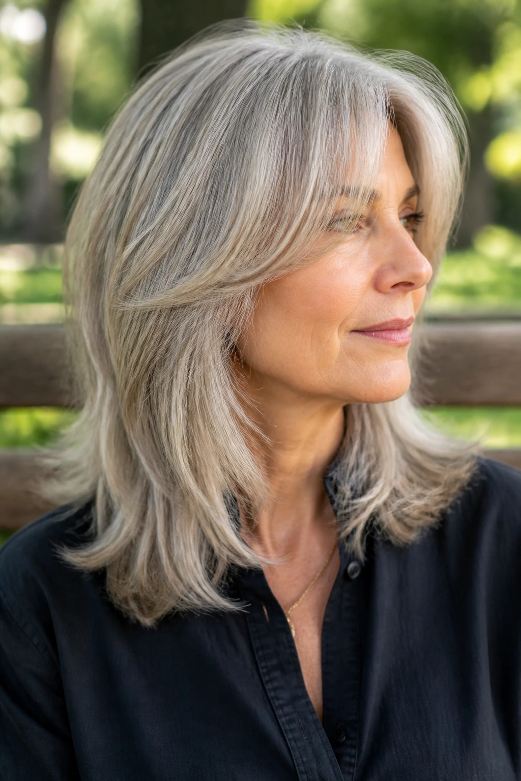 Close-up portrait of a real woman with mid-length layers and long curtain fringe, natural daylight.