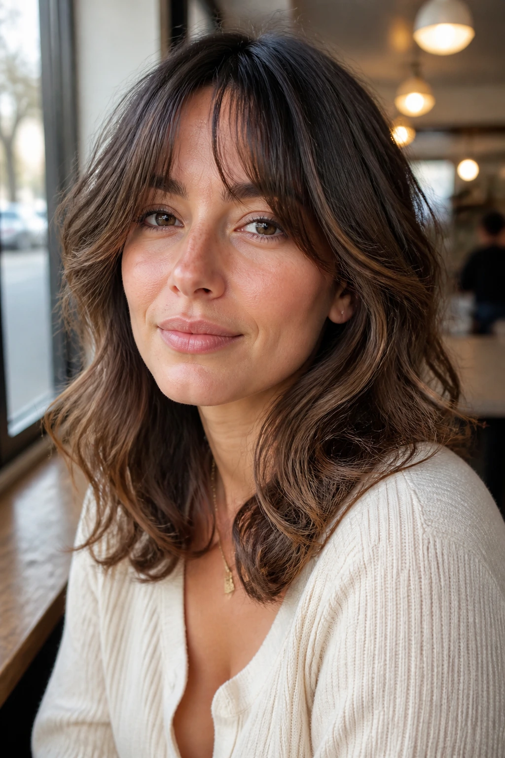 Close-up portrait of a real woman with mid-length layers and micro-curtain bangs in daylight