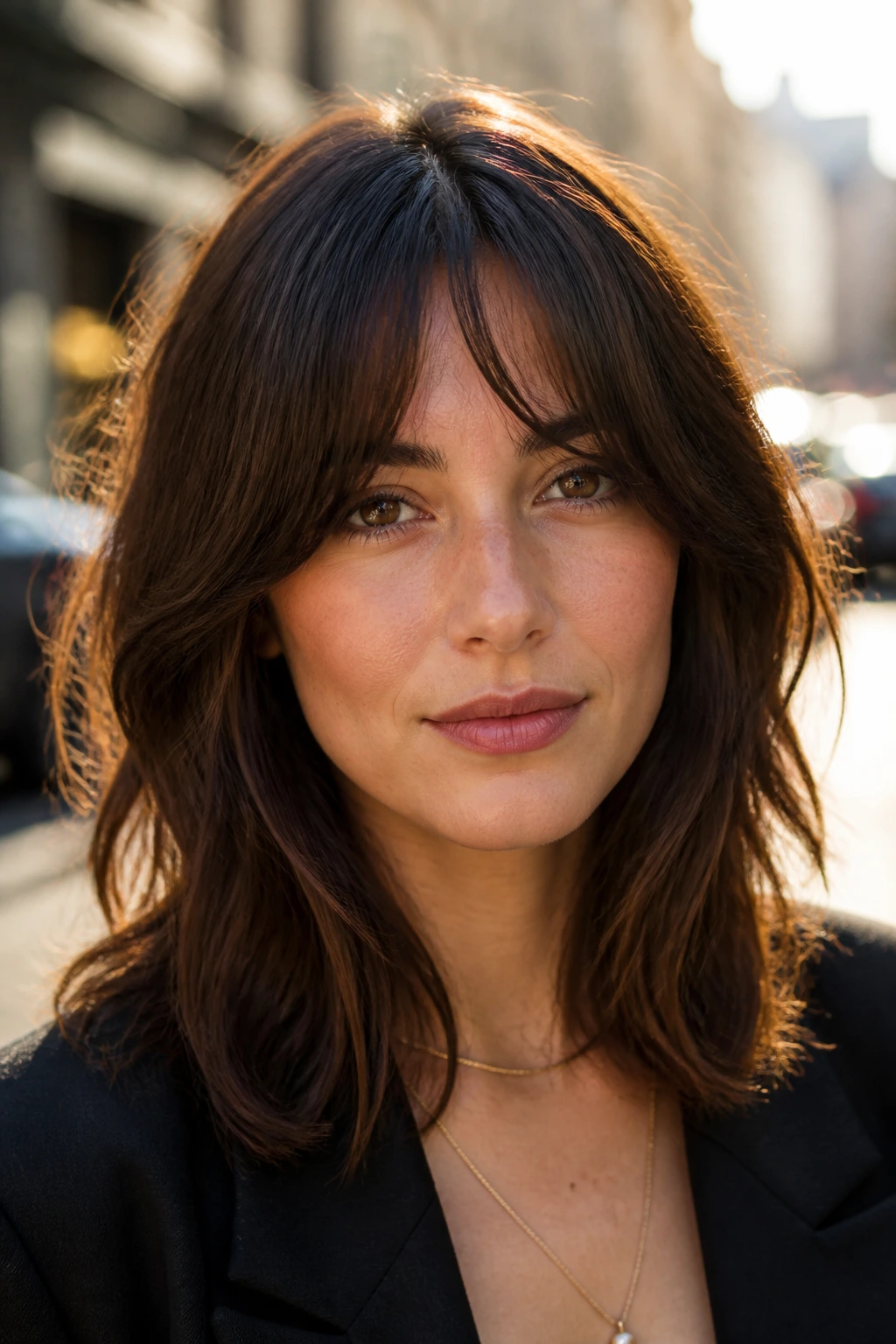Close-up portrait of a real person with mid-length lob and loose arc fringe