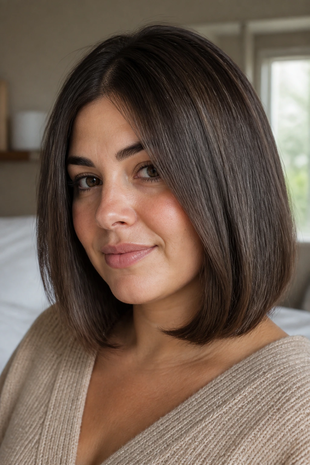 Close-up of a real woman with a sleek mid-length lob and hidden invisible layers.