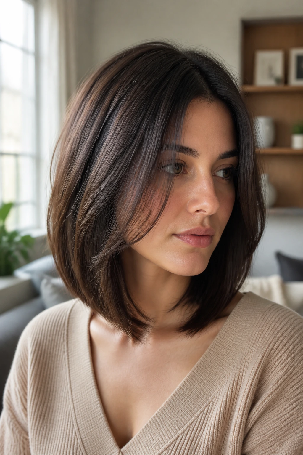 Close-up of a real woman with a mid-length lob showing internal layers, soft natural lighting