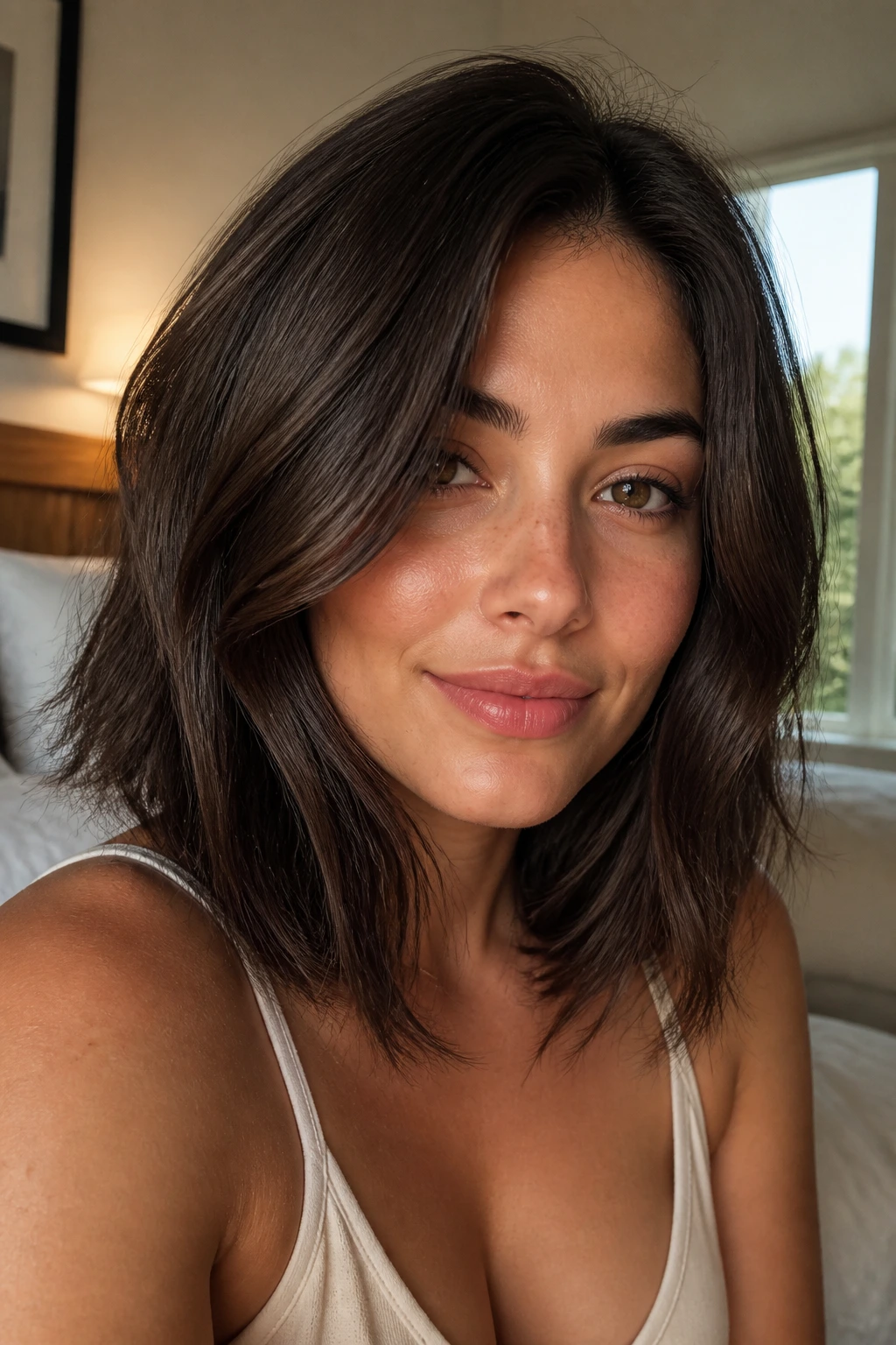 Close-up portrait of a real woman with thick mid-length lob in warm window light
