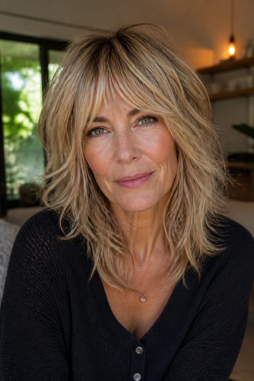 Close-up portrait of a woman with mid-length shag and bottleneck bangs.