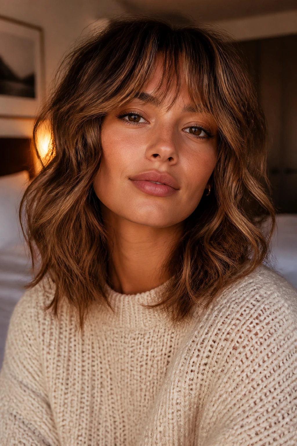 Real woman with mid-length shag and bottleneck bangs with caramel highlights