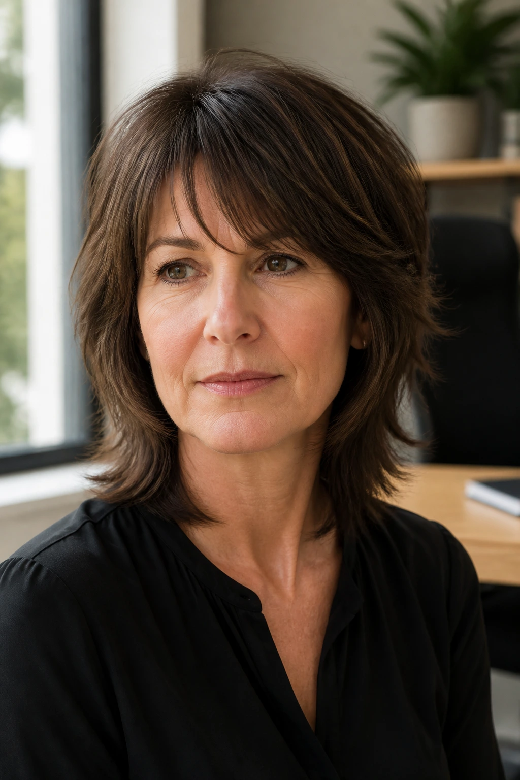 Real woman with mid-length shag tucked-in layers in office