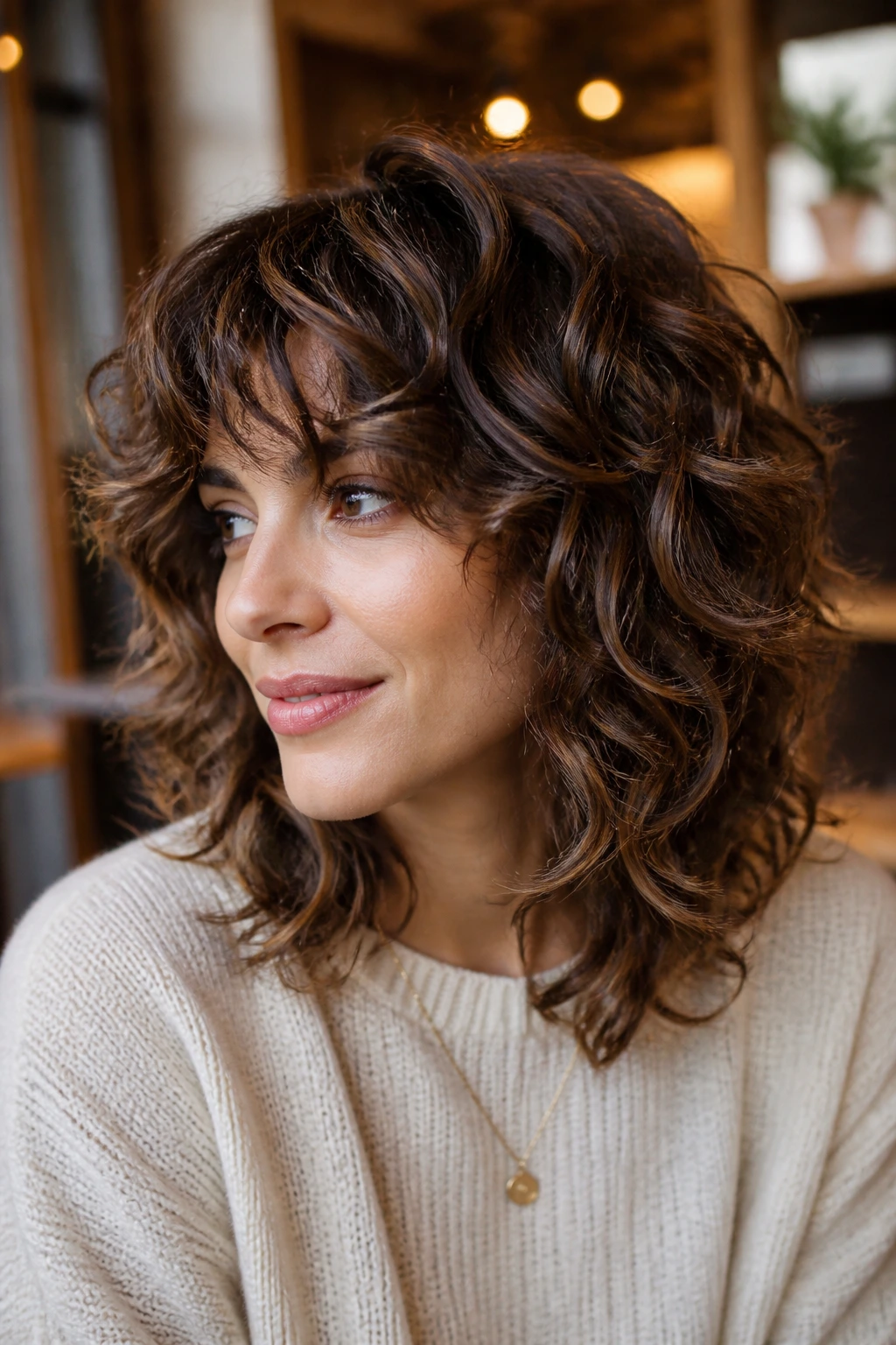 Mid-length curly shag with walnut lowlights